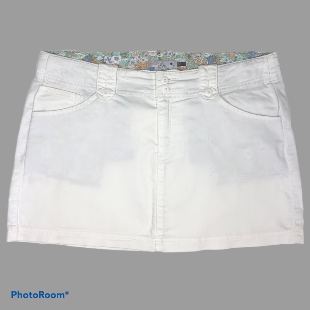 prAna White Organic Cotton Mini Skirt Floral Lined Waist Outdoor Travel Size 12